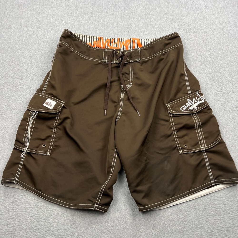 Quiksilver Board Shorts Mens 34 Brown Cargo 10" Trunks Stitched Surf Skate Y2K